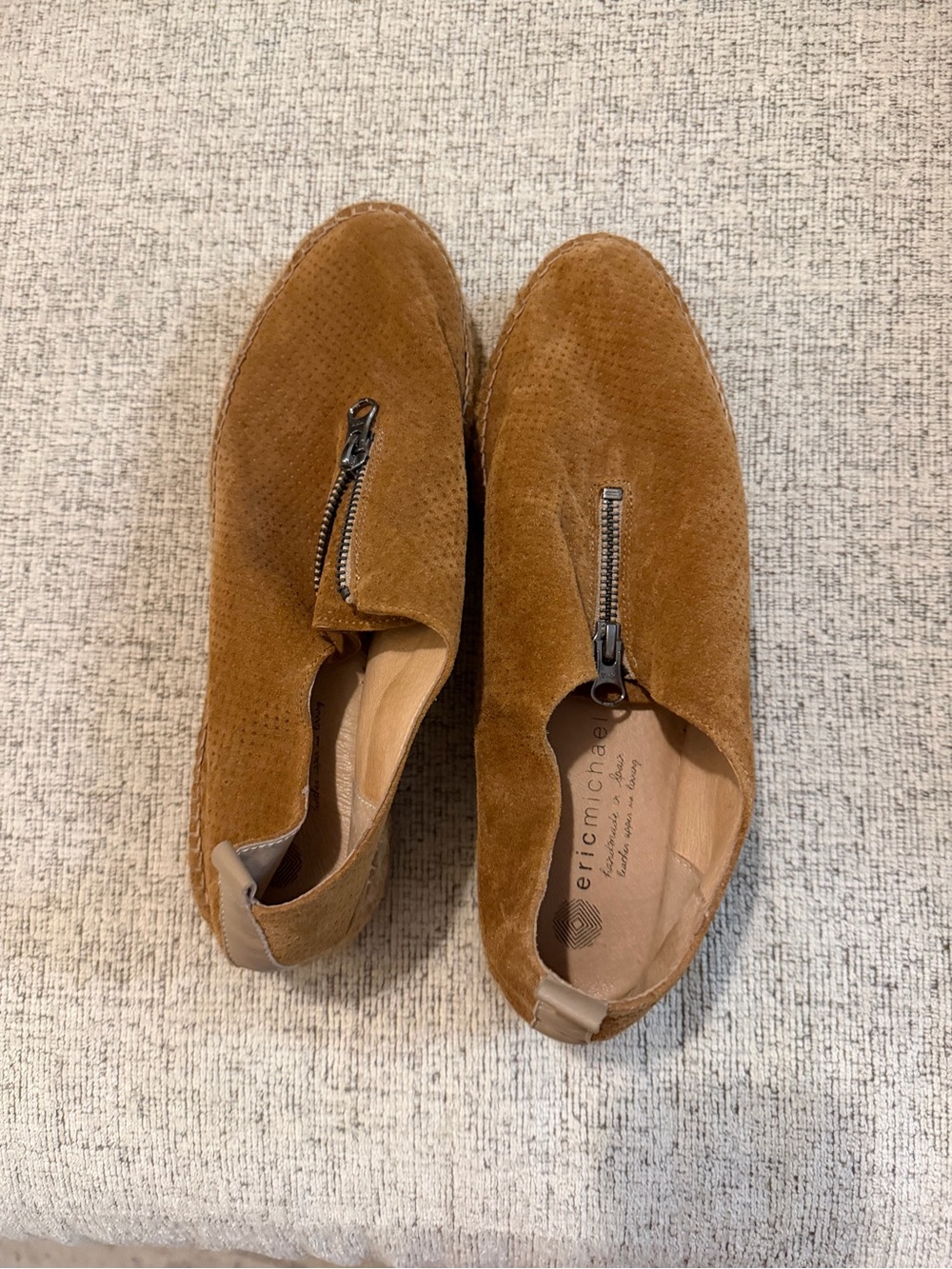 Eric Michael brown suede espadrille loafers with perforated texture #espadrille